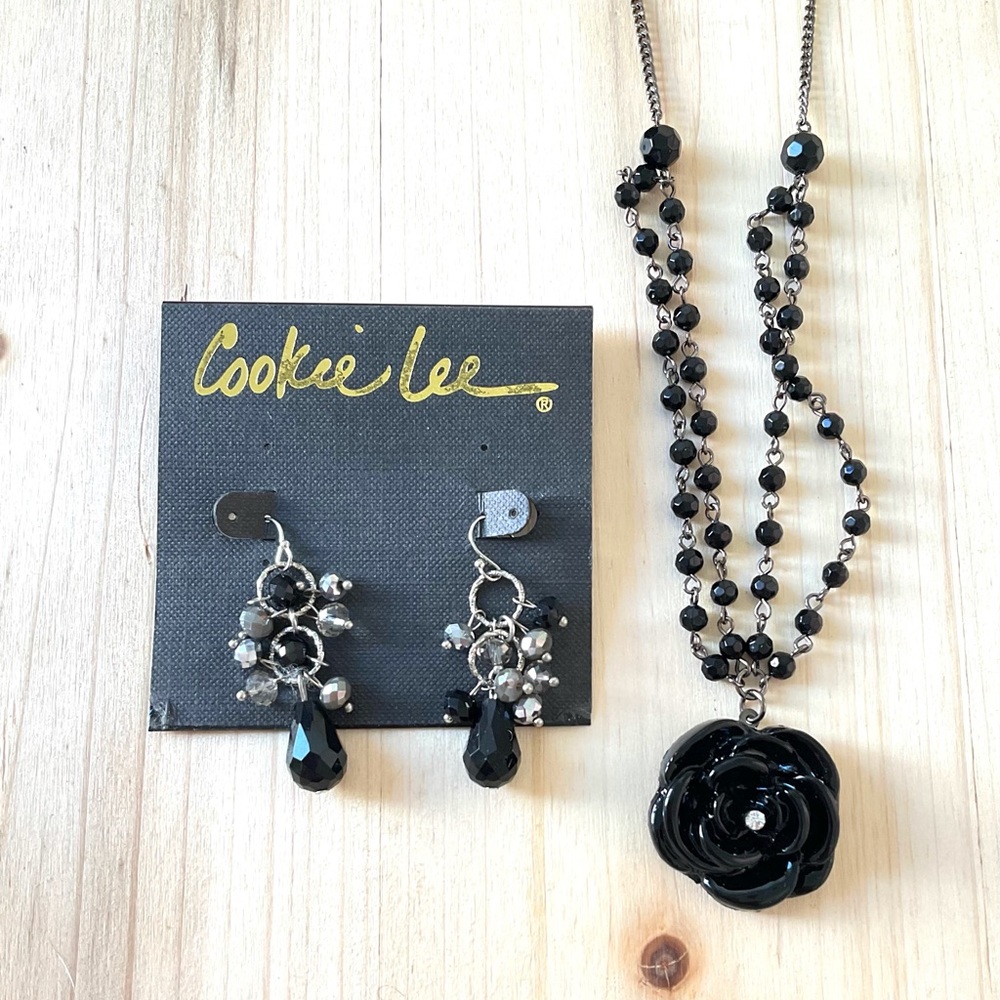 Cookie Lee rose necklace black bead choker silver bead dangle earrings